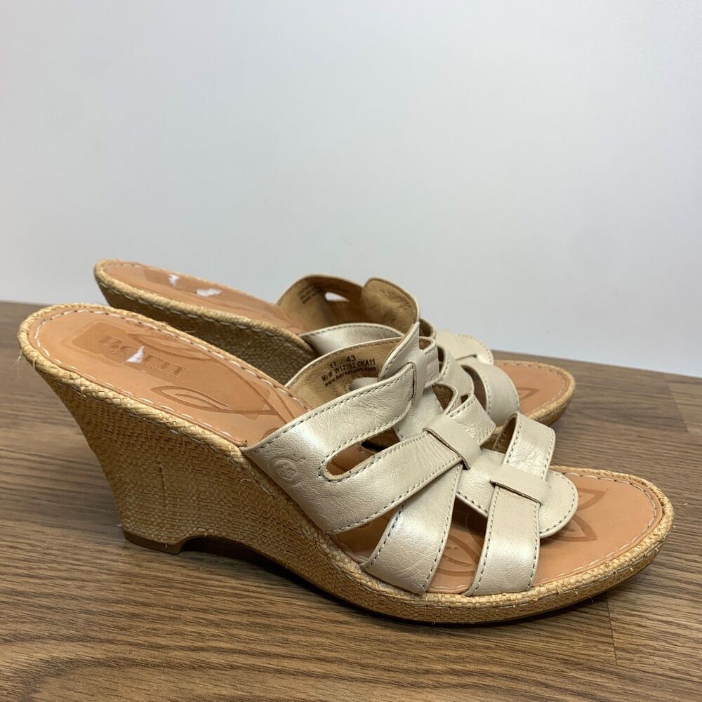 Born TINKA Women's Wedge Sandals Ivory Leather Woven Platforms 11/43